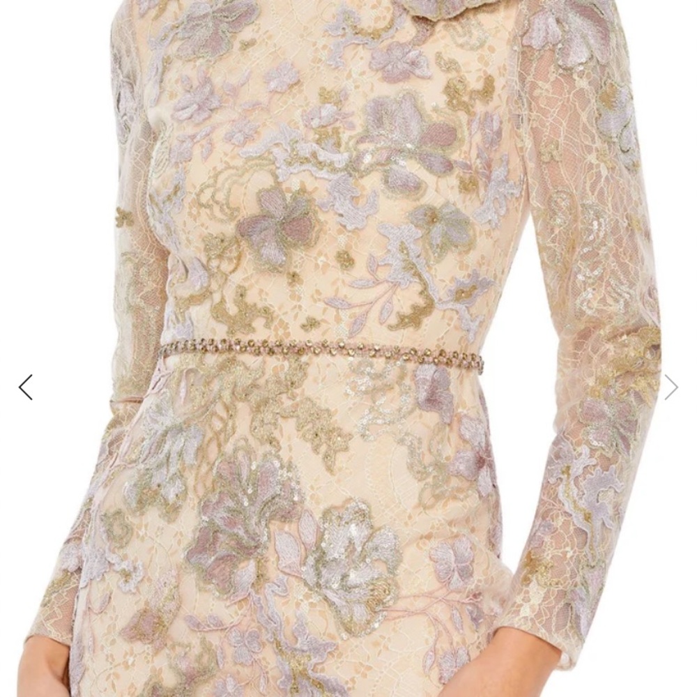 Mac Duggal Cream Lace Long Sleeve Dress with Pastel Floral Embroidery